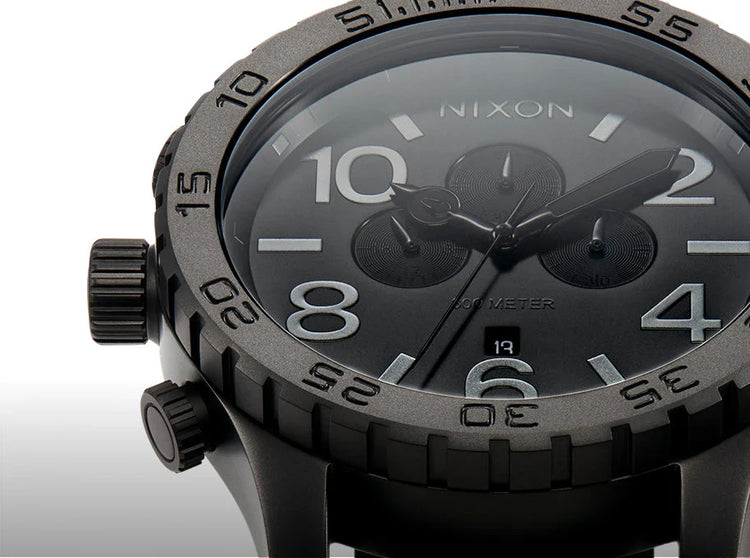 Close up of the details on a Nixon 51-30 Chrono analog watch